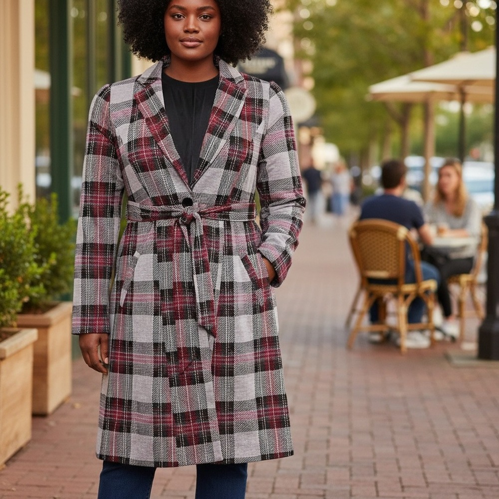 Torrid Plaid Belted Longline‎ Coat Women’s Size 1 Checkered Fall Winter Jacket